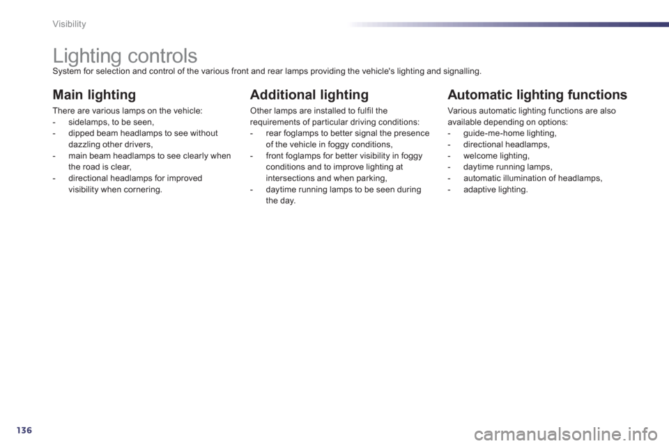 Peugeot 508 Hybrid 2013  Owners Manual - RHD (UK, Australia) 136
Visibility
   
 
 
 
 
 
 
 
 
 
 
 
 
 
Lighting controls System for selection and control of the various front and rear lamps providing the vehicles lighting and signalling. 
Main lighting 
The