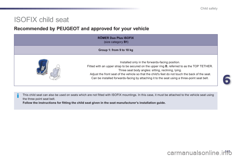 Peugeot 508 Hybrid 2013  Owners Manual - RHD (UK, Australia) 6
161
Child safety
   
 
 
 
 
 
 
 
 
 
 
 
 
 
 
ISOFIX child seat 
 
 
This child seat can also be used on seats which are not fitted with ISOFIX mountings. In this case, it must be attached to the