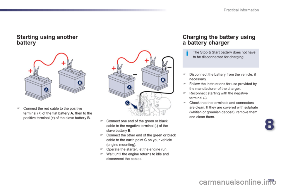 Peugeot 508 Hybrid 2013  Owners Manual - RHD (UK, Australia) 8
205
Practical information
F   Connect the red cable to the positive
terminal (+) of the flat battery  A  , then to the positive terminal (+) of the slave battery  B 
.
 
 
Starting using another 
ba