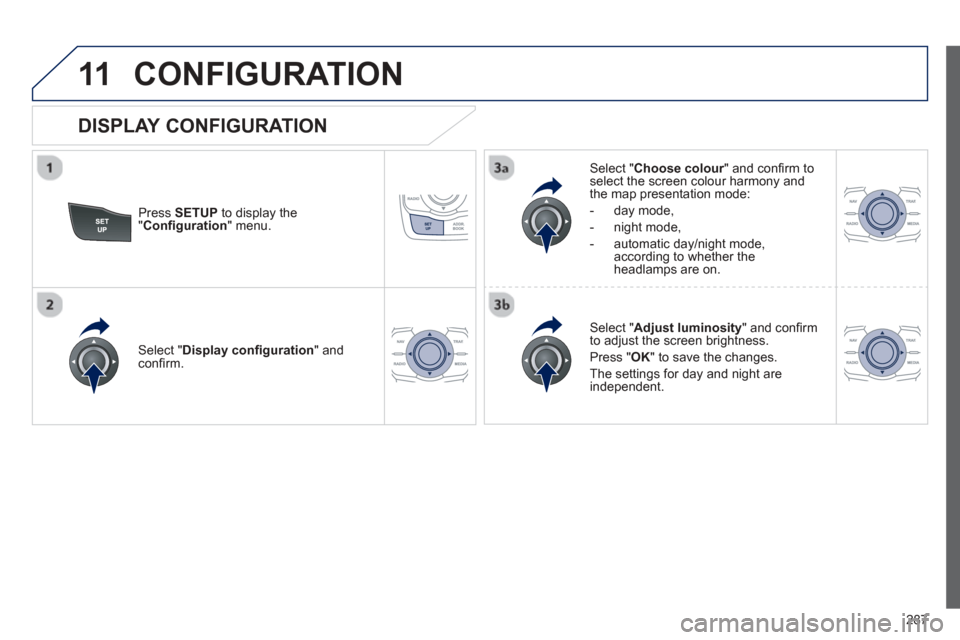 Peugeot 508 Hybrid 2013  Owners Manual - RHD (UK, Australia) 
287
11CONFIGURATION 
Press  SETUP  to display the"Con ﬁ guration  " menu.   
Select " Choose colour" and conﬁ rm torselect the screen colour harmony and 
the map presentation mode: 
  -   da
y mo