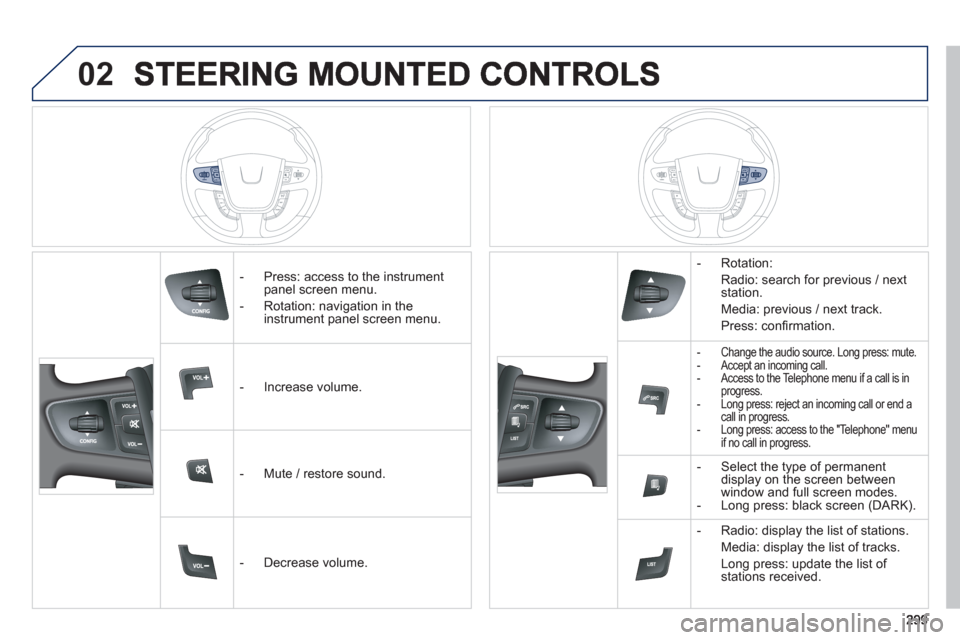 Peugeot 508 Hybrid 2013  Owners Manual - RHD (UK, Australia) 02
   
 
-  Press: access to the instrumentpanel screen menu.
   
-  Rotation: navi
gation in the 
instrument panel screen menu.
   
 
-  In
crease volume.  
   
 
-  Mute 
/ restore sound.
   
 
-  D