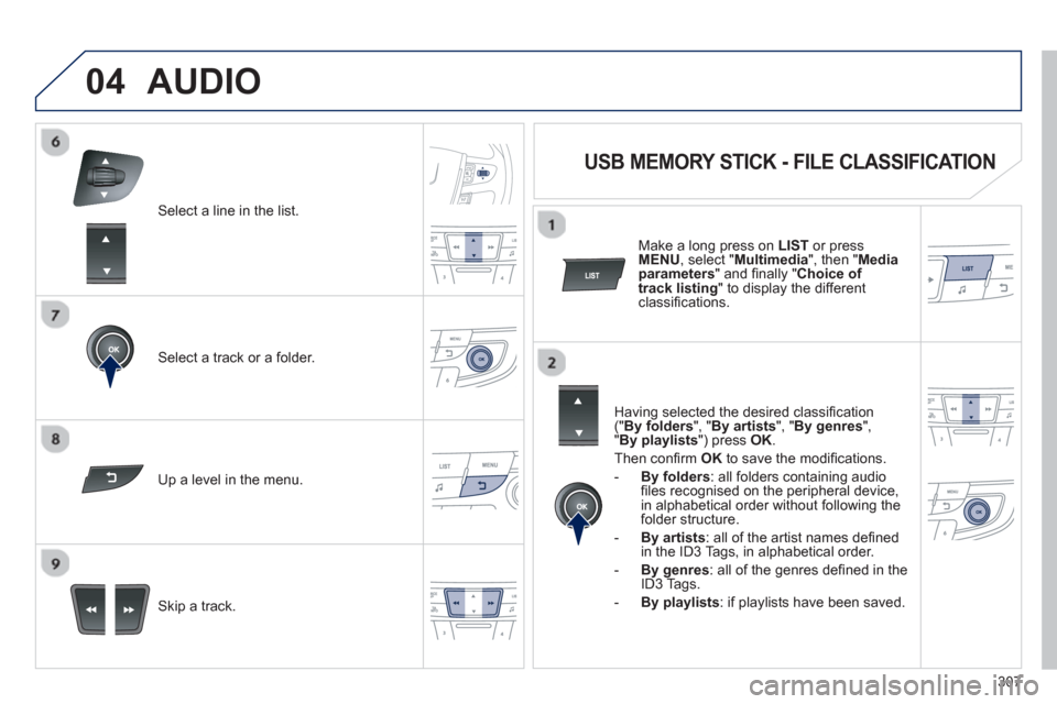 Peugeot 508 Hybrid 2013  Owners Manual - RHD (UK, Australia) 307
04
Select a line in the list.
Select a track or a folder.  
Skip a track.  
  Up a level in the menu.
AUDIO 
   
 
 
 
 
 
 
 
 
USB MEMORY STICK - FILE CLASSIFICATION 
 
 
Having selected the des