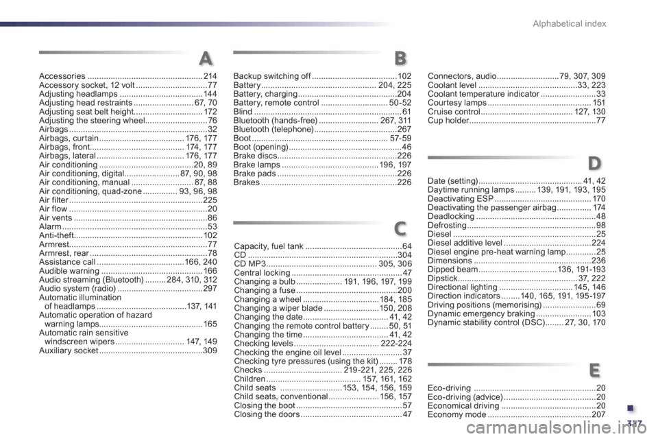 Peugeot 508 Hybrid 2013 Owners Manual - RHD (UK, Australia) .
327 Alphabetical index
Accessories ..................................................214Accessory socket, 12 volt ...............................77Adjusting headlamps ............................... Peugeot 508 Hybrid 2013 Owners Manual - RHD (UK, Australia) .
327 Alphabetical index
Accessories ..................................................214Accessory socket, 12 volt ...............................77Adjusting headlamps ...............................