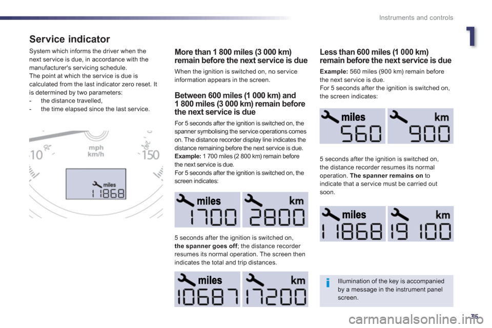 Peugeot 508 Hybrid 2013 Owners Manual - RHD (UK, Australia) 1
35
Instruments and controls
Service indicator
More than 1 800 miles (3 000 km)remain before the next service is due
When the ignition is switched on, no ser vice information appears in the screen. Peugeot 508 Hybrid 2013 Owners Manual - RHD (UK, Australia) 1
35
Instruments and controls
Service indicator
More than 1 800 miles (3 000 km)remain before the next service is due
When the ignition is switched on, no ser vice information appears in the screen.