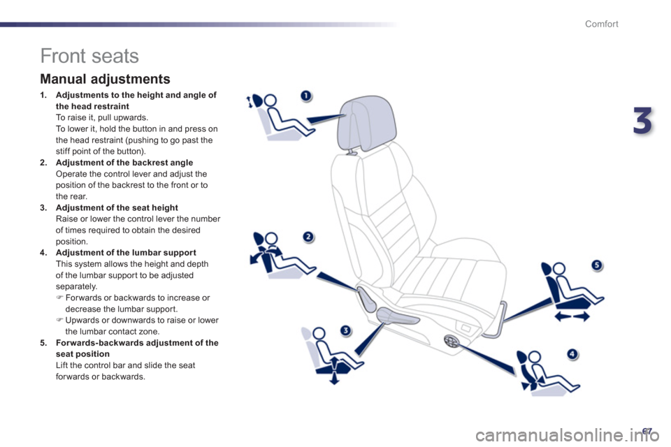 Peugeot 508 Hybrid 2013  Owners Manual - RHD (UK, Australia) 3
67
Comfort
   
 
 
 
 
 
 
 
 
 
 
 
 
 
 
 
 
Front seats 
 
 
Manual adjustments 
1.Adjustments to the height and angle of 
the head restraint
  To raise it, pull upwards.  
 To lower it, hold the
