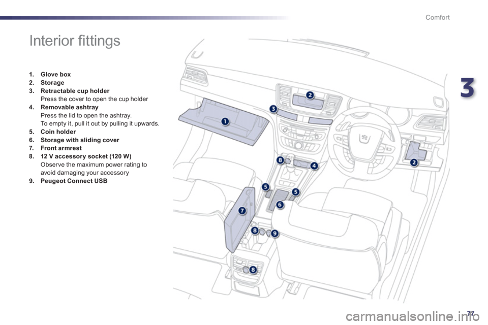 Peugeot 508 Hybrid 2013  Owners Manual - RHD (UK, Australia) 3
77
Comfort
   
 
 
 
 
 
 
 
 
 
 
 
 
 
 
 
 
Interior ﬁ ttings 
1.Glove box2.Storage3.Retractable cup holder  Press the cover to open the cup holder 4.Removable ashtray
  Press the lid to open t