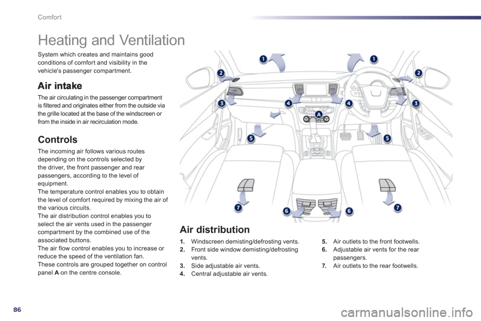 Peugeot 508 Hybrid 2013 Owners Manual - RHD (UK, Australia) 86
Comfort
Heating and Ventilation
The air circulating in the passenger compartment
is filtered and originates either from the outside via
the grille located at the base of the win Peugeot 508 Hybrid 2013 Owners Manual - RHD (UK, Australia) 86
Comfort
Heating and Ventilation
The air circulating in the passenger compartment
is filtered and originates either from the outside via
the grille located at the base of the win