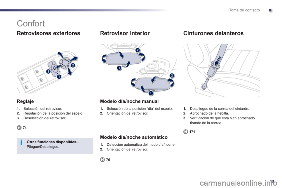 Peugeot 508 Hybrid 2013  Manual del propietario (in Spanish) .
13
To m a  d e  c o n t a c t o
  Confort 
 
 
Retrovisores exteriores
 
 
Reglaje 
1. 
 Selección del retrovisor.2.Regulación de la posición del espejo.3.Deselección del retrovisor.  
7
4
Otras