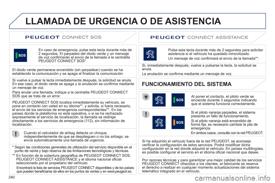Peugeot 508 Hybrid 2013 Manual del propietario (in Spanish) 240
LLAMADA DE URGENCIA O DE ASISTENCIA
En caso de emergencia, pulse esta tecla durante más de2 segundos. El parpadeo del diodo verde y un mensajede voz confi rmar·n el envÌo de la llamada a la Peugeot 508 Hybrid 2013 Manual del propietario (in Spanish) 240
LLAMADA DE URGENCIA O DE ASISTENCIA
En caso de emergencia, pulse esta tecla durante más de2 segundos. El parpadeo del diodo verde y un mensajede voz confi rmar·n el envÌo de la llamada a la