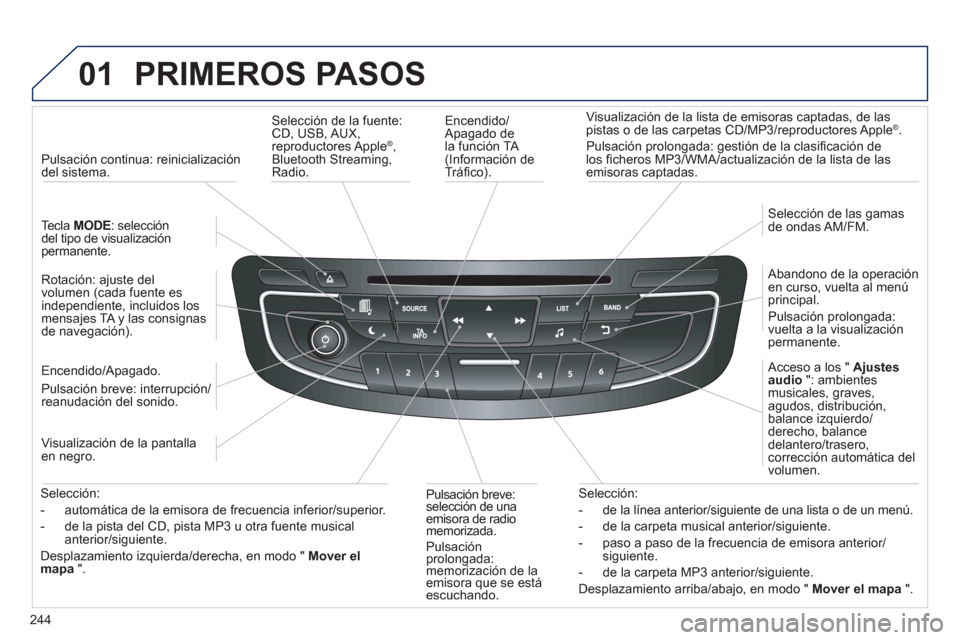 Peugeot 508 Hybrid 2013 Manual del propietario (in Spanish) 244
01 PRIMEROS PASOS
Encendido/Apagado de
la función TA (Información de
Tráfi co).
Visualización de la lista de emisoras captadas, de las
pistas o de las carpetas
CD/MP3/reproductore Peugeot 508 Hybrid 2013 Manual del propietario (in Spanish) 244
01 PRIMEROS PASOS
Encendido/Apagado de
la función TA (Información de
Tráfi co).
Visualización de la lista de emisoras captadas, de las
pistas o de las carpetas
CD/MP3/reproductore