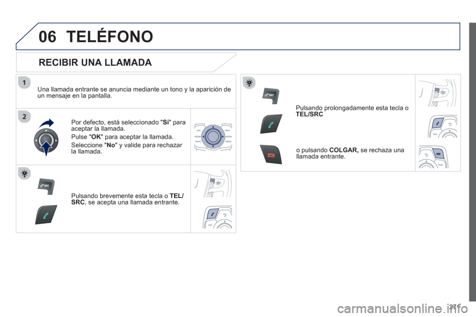 Peugeot 508 Hybrid 2013  Manual del propietario (in Spanish) 271
06TELÉFONO
   
RECIBIR UNA LLAMADA 
 
 
Una llamada entrante se anuncia mediante un tono y la aparición de un mensaje en la pantalla.  
Por de
fecto, está seleccionado "Sí  " para 
aceptar la 