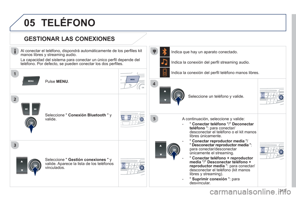 Peugeot 508 Hybrid 2013 Manual del propietario (in Spanish) 313
05TELÉFONO
Al conectar el teléfono, dispondrá automáticamente de los perfi les kit
manos libres y streaming audio.
La capacidad del sistema para conectar un ˙nico per
fi l depend Peugeot 508 Hybrid 2013 Manual del propietario (in Spanish) 313
05TELÉFONO
Al conectar el teléfono, dispondrá automáticamente de los perfi les kit
manos libres y streaming audio.
La capacidad del sistema para conectar un ˙nico per
fi l depend