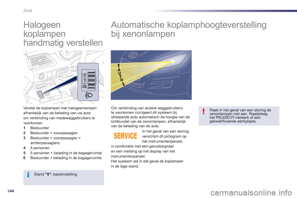 Peugeot 508 Hybrid 2013 Handleiding (in Dutch) 144
Zicht
Halogeen
koplampen
handmatig verstellen
Automatische koplamphoogteverstelling
bij xenonlampen
Verstel de koplampen met halogeenlampen afhankelijk van de bel Peugeot 508 Hybrid 2013 Handleiding (in Dutch) 144
Zicht
Halogeen
koplampen
handmatig verstellen
Automatische koplamphoogteverstelling
bij xenonlampen
Verstel de koplampen met halogeenlampen afhankelijk van de bel