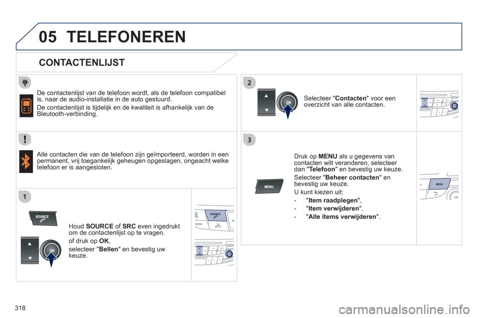 Peugeot 508 Hybrid 2013  Handleiding (in Dutch) 318
 
  
05TELEFONEREN 
   
CONTACTENLIJST 
 
 
De contactenlijst van de telefoon wordt, als de telefoon compatibel
is, naar de audio-installatie in de auto gestuurd.
  De contactenli
jst is tijdelijk