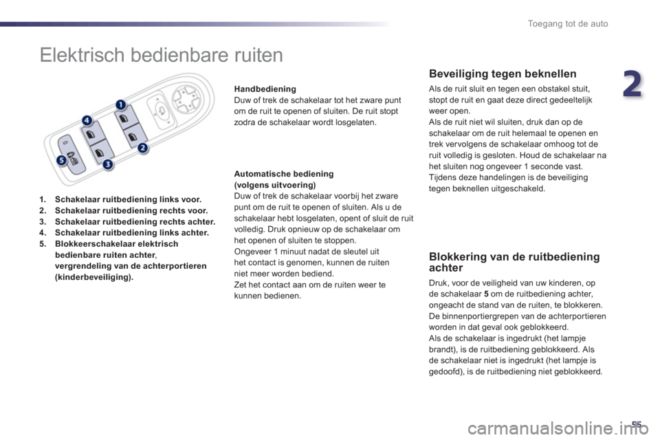 Peugeot 508 Hybrid 2013  Handleiding (in Dutch) 2
55
Toegang tot de auto
  Elektrisch bedienbare ruiten 
1.Schakelaar ruitbediening links voor.2.Schakelaar ruitbediening rechts voor.3.Schakelaar ruitbediening rechts achter.4.Schakelaar ruitbedienin