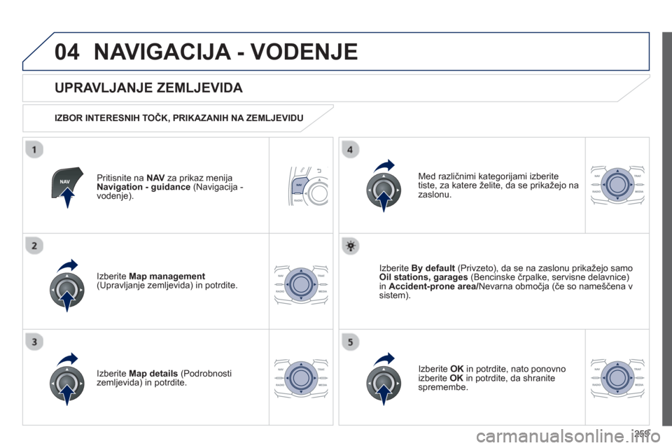 Peugeot 508 Hybrid 2013  Priročnik za lastnika (in Slovenian) 259
04NAVIGACIJA - VODENJE
Pritisnite na  NAVza prikaz menija 
Navigation - guidance   (Navigacija -
vodenje).
   
UPRAVLJANJE ZEMLJEVIDA 
 
 
IZBOR INTERESNIH TOČK, PRIKAZANIH NA ZEMLJEVIDU  
Iz
ber