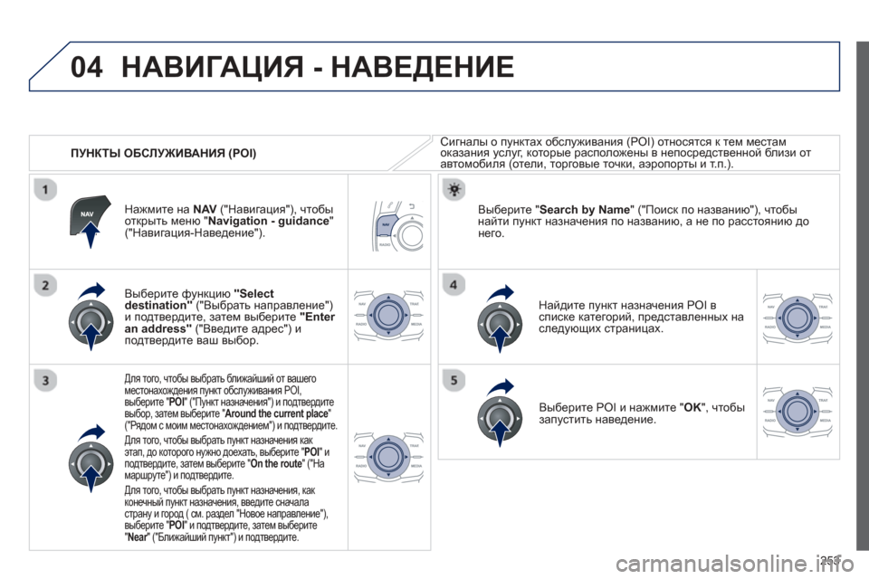 Peugeot 508 Hybrid 2013  Инструкция по эксплуатации (in Russian) 
253
04
   
ПУНКТЫ ОБСЛУЖИВАНИЯ  (POI)
НАВИГАЦИЯ - НАВЕДЕНИЕ  
Сигналы  о  пунктах  обслуживания  (POI) относятся  к  тем  