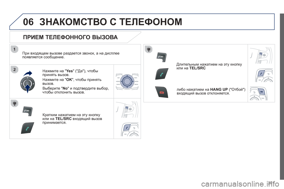 Peugeot 508 Hybrid 2013  Инструкция по эксплуатации (in Russian) 
271

06ЗНАКОМСТВО С  ТЕЛЕФОНОМ  
  
ПРИЕМ ТЕЛЕФОННОГО  ВЫЗОВА  
  
При входящем  вызове  раздается  звонок , а на  дис