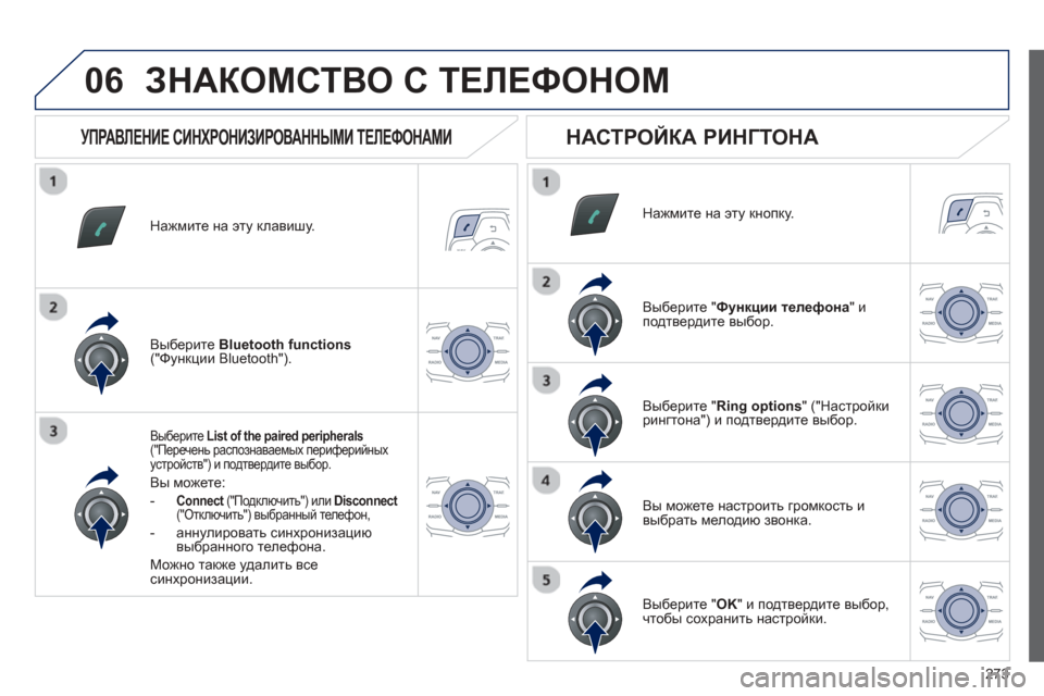 Peugeot 508 Hybrid 2013  Инструкция по эксплуатации (in Russian) 
273
06
Нажмите на  эту клавишу.  
Выберите  List of the paired peripherals 
 (" Перечень  распознаваемых  периферийныхустройств "