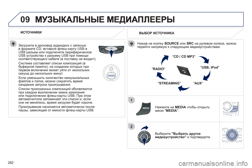 Peugeot 508 Hybrid 2013  Инструкция по эксплуатации (in Russian) 
282
09
   
ИСТОЧНИКИ  
  
Загрузите  в  дисковод  аудиодиск  с  записью
в  формате  CD, вставьте  флеш -карту USB  вUSB разъ