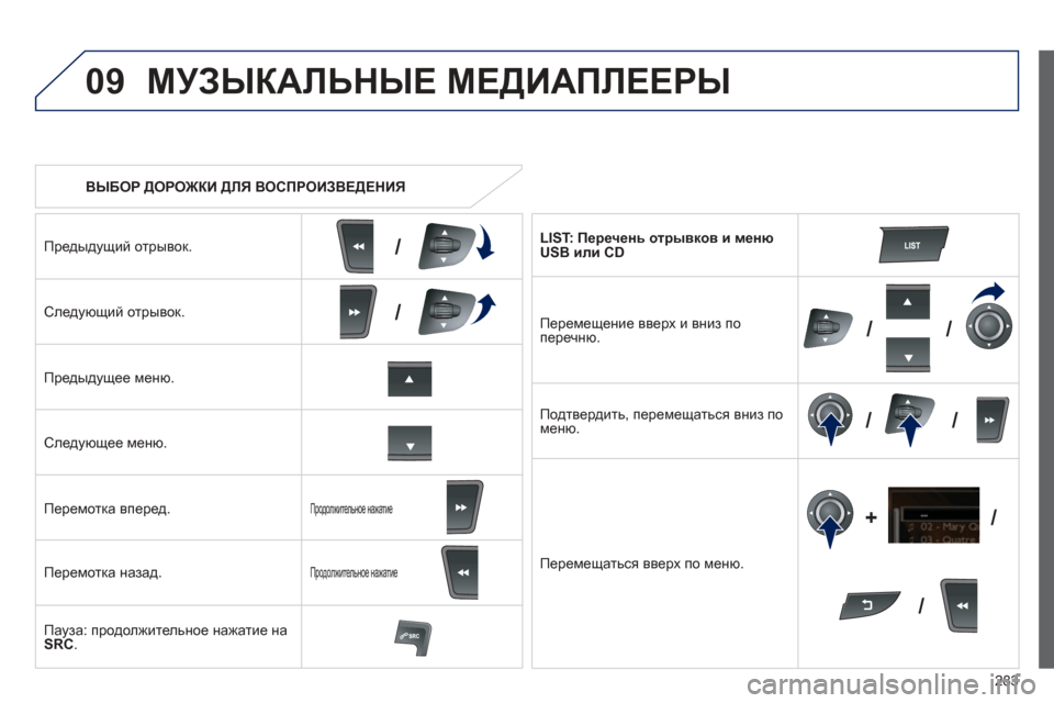 Peugeot 508 Hybrid 2013  Инструкция по эксплуатации (in Russian) 
283
09
/
///
//
/
+/
    ВЫБОР
 ДОРОЖКИ  ДЛЯ ВОСПРОИЗВЕДЕНИЯ
МУЗЫКАЛЬНЫЕ  МЕДИАПЛЕЕРЫ
Предыдущий  отрывок .  
Следующий  