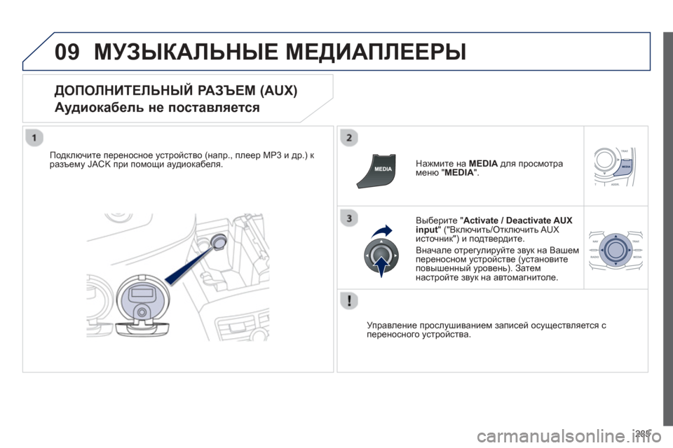 Peugeot 508 Hybrid 2013  Инструкция по эксплуатации (in Russian) 
285
09МУЗЫКАЛЬНЫЕ МЕДИАПЛЕЕРЫ
  
ДОПОЛНИТЕЛЬНЫЙ  РАЗЪЕМ  (AUX)  
Аудиокабель  не  поставляется  
Подключите перенос