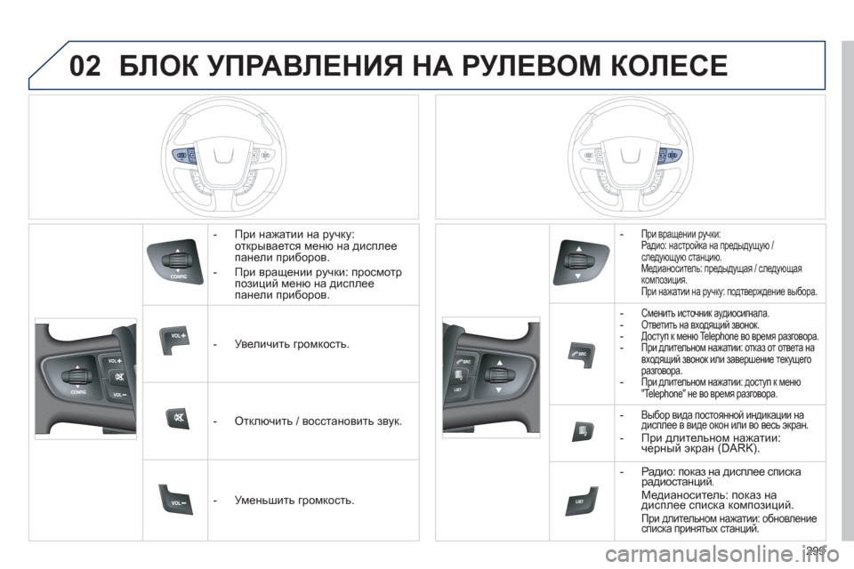 Peugeot 508 Hybrid 2013  Инструкция по эксплуатации (in Russian) 02
299
БЛОК УПРАВЛЕНИЯ НА РУЛЕВОМ КОЛЕСЕ 
 
 
 
-  При нажатии на ручку:открывается меню на дисплеепанели приборов.
