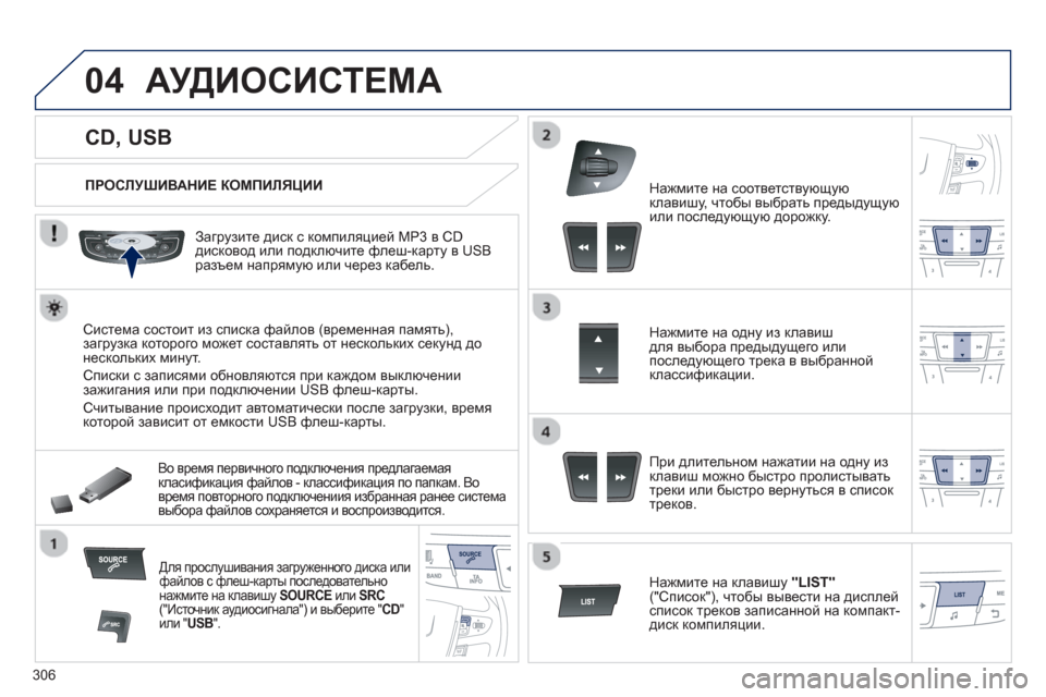 Peugeot 508 Hybrid 2013  Инструкция по эксплуатации (in Russian) 306
04
   
 
 
 
 
 
 
 
 
 
 
 
CD, USB 
АУДИОСИСТЕМА
 
 
ПРОСЛУШИВАНИЕ КОМПИЛЯЦИИ
   
Загрузите диск с компиляцией MP3 в CD 
дисков