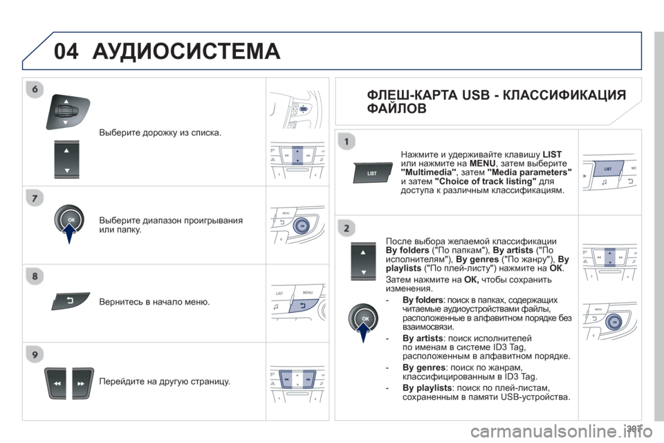 Peugeot 508 Hybrid 2013  Инструкция по эксплуатации (in Russian) 307
04
Выберите дорожку из списка.  
Выберите диапазон проигрывания 
или папку.  
Перейдите на др
угую страницу. В