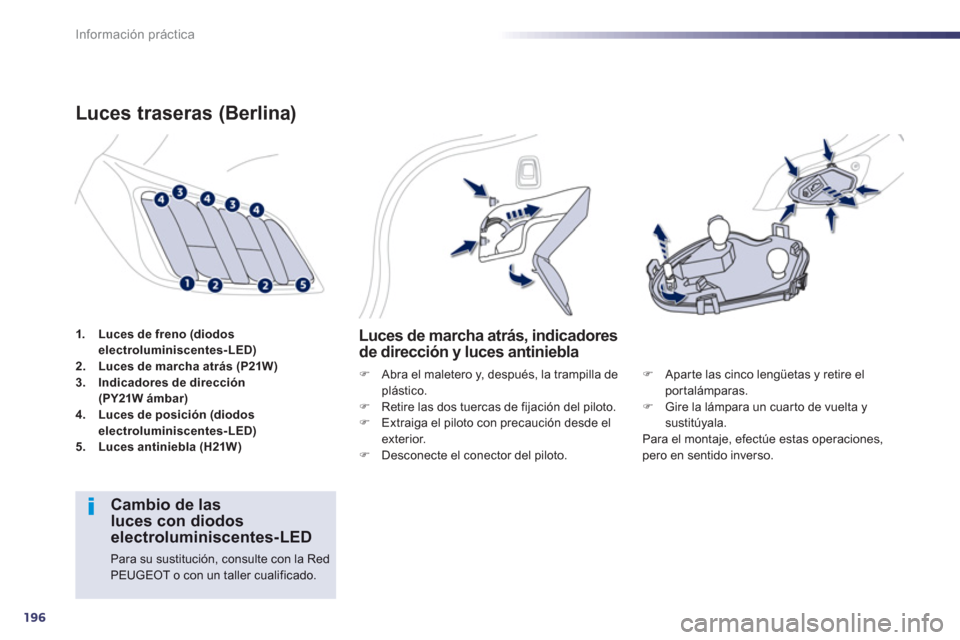 Peugeot 508 Hybrid 2011  Manual del propietario (in Spanish) 196
Información práctica
1.Luces de freno (diodos 
electroluminiscentes-LED)2.    Luces de marcha atrás (P21W)3.Indicadores de dirección(PY21W ámbar)4.Luces de posición (diodos 
electroluminisce