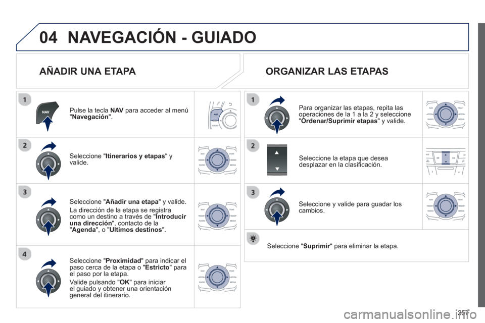 Peugeot 508 Hybrid 2011  Manual del propietario (in Spanish) 257
04NAVEGACIÓN - GUIADO
   
AÑADIR UNA ETAPA 
Pulse la tecla  NAV 
 para acceder al menú"Navegación".
Seleccione " Itinerarios y etapas 
" yvalide.
Seleccione " Proximidad" para indicar el
paso 