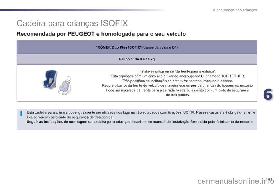 Peugeot 508 Hybrid 2011  Manual do proprietário (in Portuguese) 6
161
A segurança das crianças
   
 
 
 
 
 
 
 
 
 
 
 
 
 
 
Cadeira para crianças ISOFIX 
 
 
Esta cadeira para criança pode igualmente ser utilizada nos lugares não equipados com fixações I