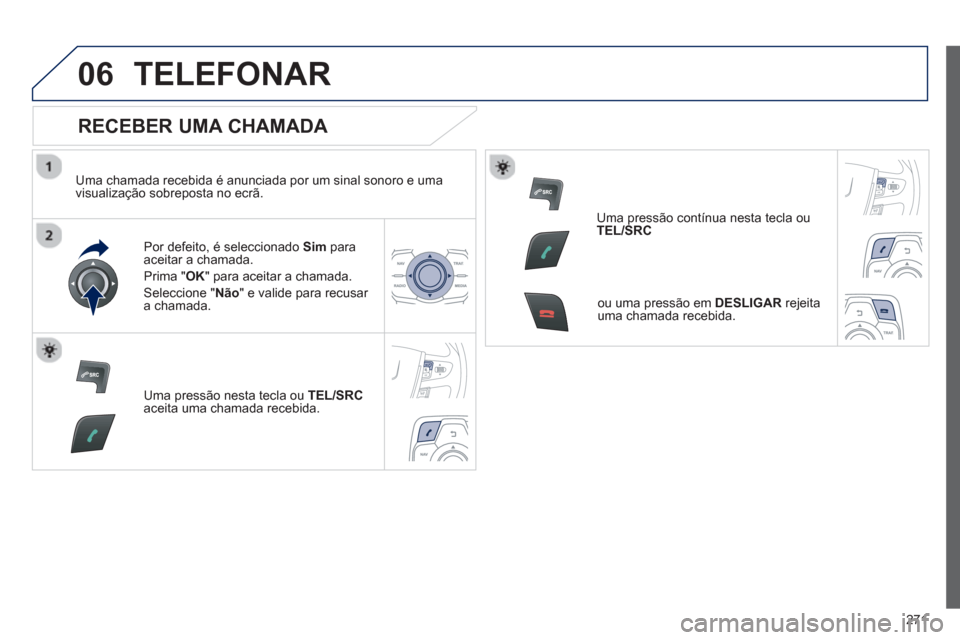 Peugeot 508 Hybrid 2011  Manual do proprietário (in Portuguese) 271
06TELEFONAR
   
RECEBER UMA CHAMADA 
 
 
Uma chamada recebida é anunciada por um sinal sonoro e uma 
visualização sobreposta no ecrã.  
Por de
feito, é seleccionado  Sim   paraaceitar a chama