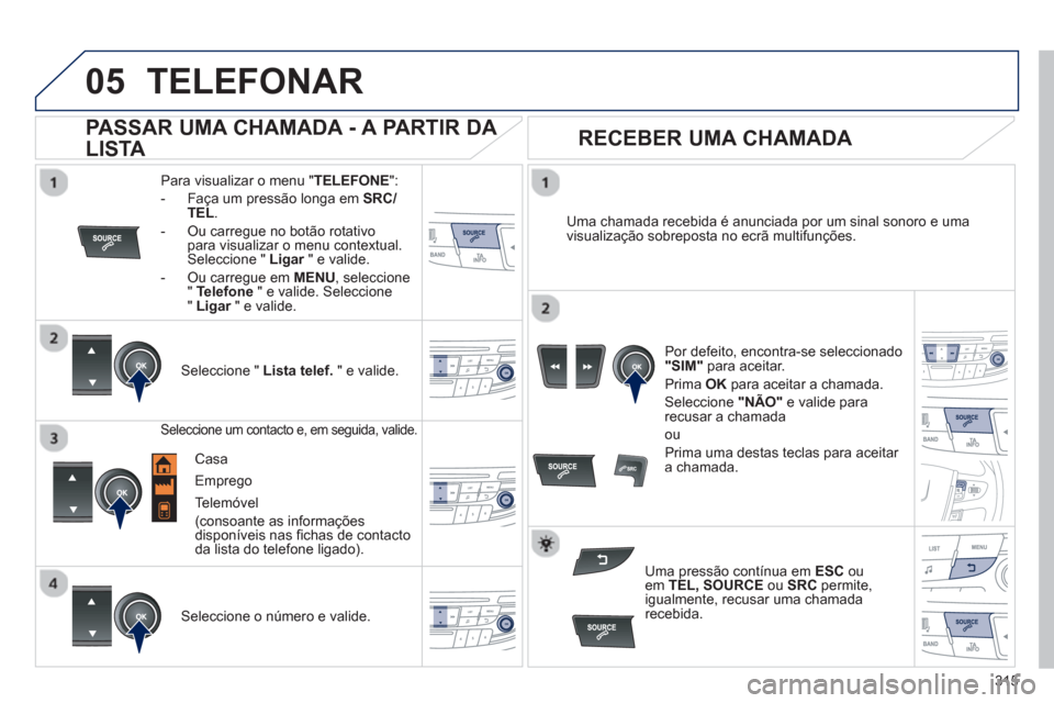 Peugeot 508 Hybrid 2011  Manual do proprietário (in Portuguese) 315
 
  
05TELEFONAR
Para visualizar o menu "TELEFONE":
-   Faça um pressão longa em SRC/TEL.
-  Ou carregue no botão rotativopara visualizar o menu contextual.Seleccione " Ligar" e valide. r
-  Ou
