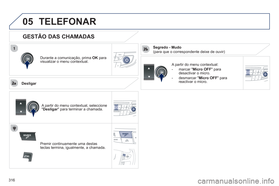 Peugeot 508 Hybrid 2011  Manual do proprietário (in Portuguese) 316
 
05TELEFONAR
Durante a comunicação, prima OKpara 
visualizar o menu contextual.
   
Desli
gar    
A partir do menu contextual: 
-  m
arcar " Micro OFF" paradesactivar o micro. 
-  
desmarcar " 