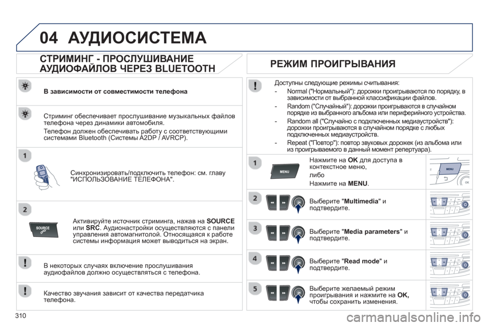 Peugeot 508 Hybrid 2011 Инструкция по эксплуатации (in Russian) 310
04АУДИОСИСТЕМА
СТРИМИНГ - ПРОСЛУШИВАНИЕ
АУДИОФАЙЛОВ ЧЕРЕЗ BLUETOOTH
В зависимости от совместимости те Peugeot 508 Hybrid 2011 Инструкция по эксплуатации (in Russian) 310
04АУДИОСИСТЕМА
СТРИМИНГ - ПРОСЛУШИВАНИЕ
АУДИОФАЙЛОВ ЧЕРЕЗ BLUETOOTH
В зависимости от совместимости те