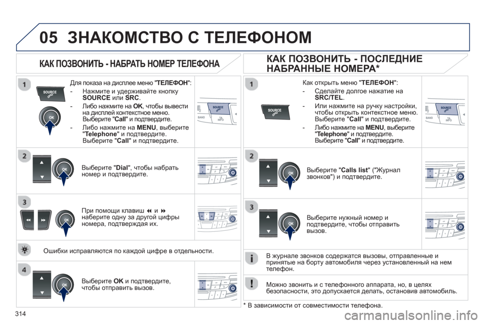 Peugeot 508 Hybrid 2011  Инструкция по эксплуатации (in Russian) 314
 
  
05ЗНАКОМСТВО С ТЕЛЕФОНОМ 
Для показа на дисплее меню " ТЕЛЕФОН":
-  Нажмите и удерживайте кнопку 
SOURCE   или  SR