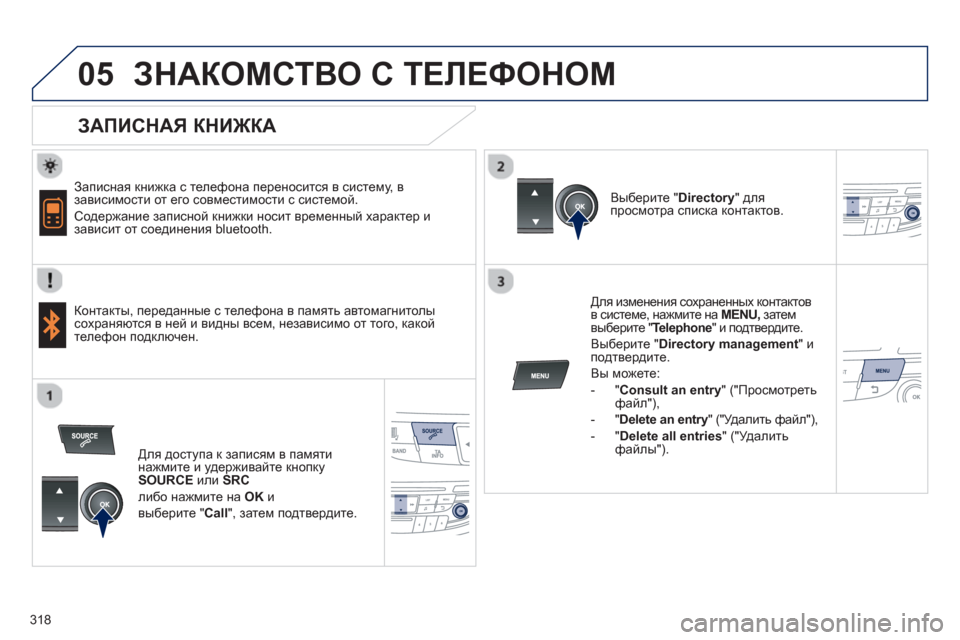 Peugeot 508 Hybrid 2011  Инструкция по эксплуатации (in Russian) 318
 
  
05ЗНАКОМСТВО С ТЕЛЕФОНОМ 
 
 
ЗАПИСНАЯ КНИЖКА 
 
 
Записная книжка с телефона переносится в систему, в завис