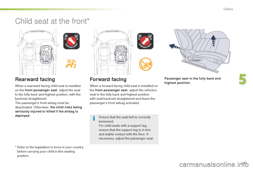 Peugeot 508 RXH 2016  Owners Manual 145
508_en_Chap05_securite_ed01-2016
Rearward facingForward facing
When a for ward facing child seat is installed on 
the front passenger seat, adjust the vehicles 
seat to the fully back and highest