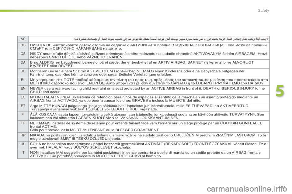 Peugeot 508 RXH 2016  Owners Manual 147
AR
B g
НИКОГА НЕ инсталирайте детско столче на седалка с АКТИВИРАНА предна ВЪЗДУШНА ВЪЗГЛАВНИЦ А. Това може д
