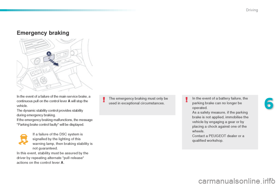 Peugeot 508 RXH 2016  Owners Manual 171
508_en_Chap06_conduite_ed01-2016
Emergency braking
In the event of a failure of the main service brake, a 
continuous pull on the control lever A will stop the 
vehicle.
th

e dynamic stability co