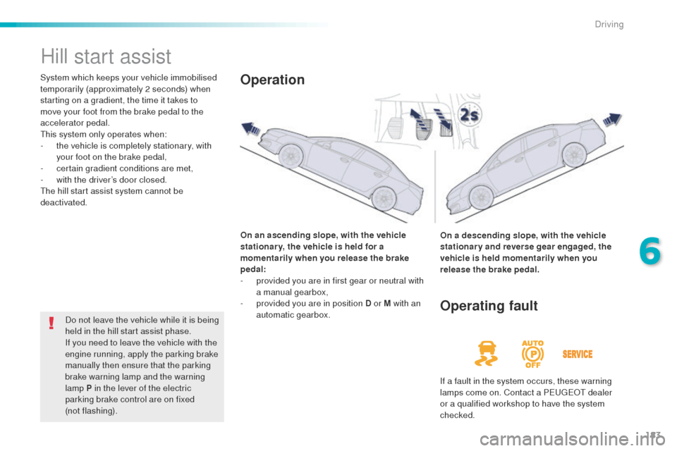 Peugeot 508 RXH 2016  Owners Manual 183
508_en_Chap06_conduite_ed01-2016
Hill start assist
System which keeps your vehicle immobilised 
temporarily (approximately 2 seconds) when 
starting on a gradient, the time it takes to 
move your 