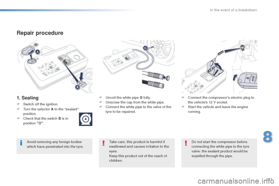 Peugeot 508 RXH 2016  Owners Manual 231
508_en_Chap08_en-cas-de-pannes_ed01-2016
Repair procedure
1. SealingF  uncoil the white pipe G fully.
F  un screw the cap from the white pipe.
F
 
C
 onnect the white pipe to the valve of the 
tyr