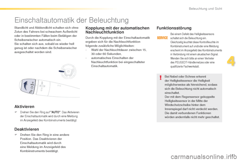 Peugeot 508 RXH 2016 Betriebsanleitung (in German) 121
508_de_Chap04_eclairage-et-visibilite_ed01-2016
Bei Nebel oder Schnee erkennt
der Helligkeitssensor die Helligkeit
möglicherweise als hinreichend, sodass
sich die Beleuchtung nicht automatisch Peugeot 508 RXH 2016 Betriebsanleitung (in German) 121
508_de_Chap04_eclairage-et-visibilite_ed01-2016
Bei Nebel oder Schnee erkennt
der Helligkeitssensor die Helligkeit
möglicherweise als hinreichend, sodass
sich die Beleuchtung nicht automatisch