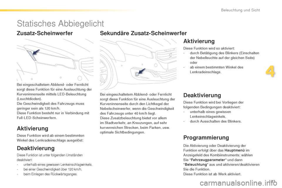 Peugeot 508 RXH 2016 Betriebsanleitung (in German) 123
508_de_Chap04_eclairage-et-visibilite_ed01-2016
Sekundäre Zusatz-Scheinwerfer
Bei eingeschaltetem Abblend- oder Fernlicht
sorgt diese Funktion für eine Ausleuchtung der
Kurveninnenseite durch Peugeot 508 RXH 2016 Betriebsanleitung (in German) 123
508_de_Chap04_eclairage-et-visibilite_ed01-2016
Sekundäre Zusatz-Scheinwerfer
Bei eingeschaltetem Abblend- oder Fernlicht
sorgt diese Funktion für eine Ausleuchtung der
Kurveninnenseite durch