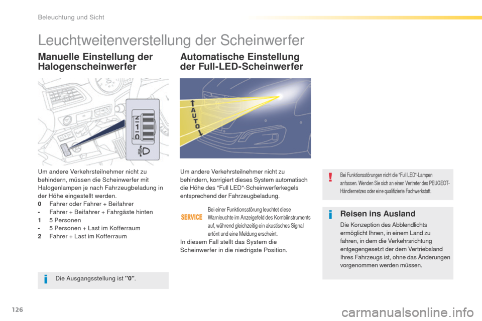 Peugeot 508 RXH 2016 Betriebsanleitung (in German) 126
508_de_Chap04_eclairage-et-visibilite_ed01-2016
Manuelle Einstellung der
HalogenscheinwerferAutomatische Einstellung
der Full-LED-Scheinwerfer
um andere Verkehrsteilnehmer nicht zu
behindern, m Peugeot 508 RXH 2016 Betriebsanleitung (in German) 126
508_de_Chap04_eclairage-et-visibilite_ed01-2016
Manuelle Einstellung der
HalogenscheinwerferAutomatische Einstellung
der Full-LED-Scheinwerfer
um andere Verkehrsteilnehmer nicht zu
behindern, m