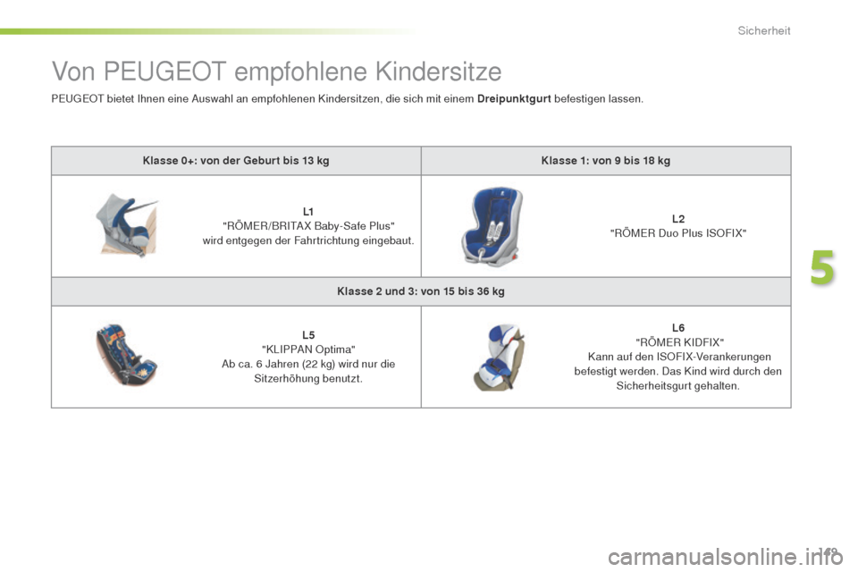 Peugeot 508 RXH 2016  Betriebsanleitung (in German) 149
508_de_Chap05_securite_ed01-2016
Von PeugeOt empfohlene Kindersitze
Klasse 0+: von der Gebur t bis 13 kg K lasse 1: von 9   bis 18   kg
L1
 "

RÖM
eR
 /BRI
tA
 X Baby-Safe Plus" 
wird entgegen de