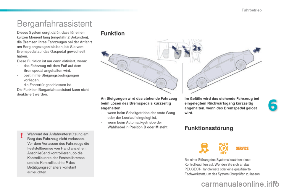 Peugeot 508 RXH 2016 Betriebsanleitung (in German) 183
508_de_Chap06_conduite_ed01-2016
Berganfahrassistent
Dieses System sorgt dafür, dass für einen
kurzen Moment lang (ungefähr 2 Sekunden),
die Bremsen Ihres Fahrzeuges bei der Anfahrt
am Berg Peugeot 508 RXH 2016 Betriebsanleitung (in German) 183
508_de_Chap06_conduite_ed01-2016
Berganfahrassistent
Dieses System sorgt dafür, dass für einen
kurzen Moment lang (ungefähr 2 Sekunden),
die Bremsen Ihres Fahrzeuges bei der Anfahrt
am Berg