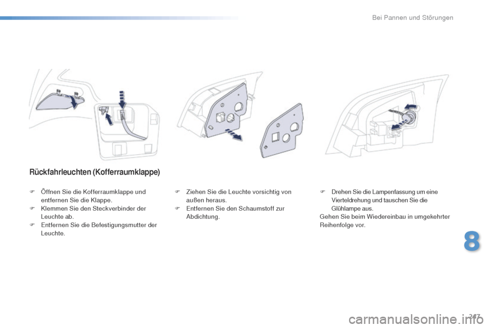 Peugeot 508 RXH 2016  Betriebsanleitung (in German) 247
508_de_Chap08_en-cas-de-pannes_ed01-2016
Rückfahrleuchten (Kofferraumklappe)
F Öffnen Sie die Kofferraumklappe und entfernen Sie die Klappe.
F
 
K
 lemmen Sie den Steckverbinder der 
Leuchte ab.