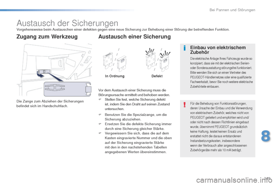 Peugeot 508 RXH 2016 Betriebsanleitung (in German) 249
508_de_Chap08_en-cas-de-pannes_ed01-2016
Austausch der SicherungenVorgehensweise beim Austauschen einer defekten gegen eine neue Sicherung zur Behebung einer Störung der betreffenden Funktion.
Di Peugeot 508 RXH 2016 Betriebsanleitung (in German) 249
508_de_Chap08_en-cas-de-pannes_ed01-2016
Austausch der SicherungenVorgehensweise beim Austauschen einer defekten gegen eine neue Sicherung zur Behebung einer Störung der betreffenden Funktion.
Di